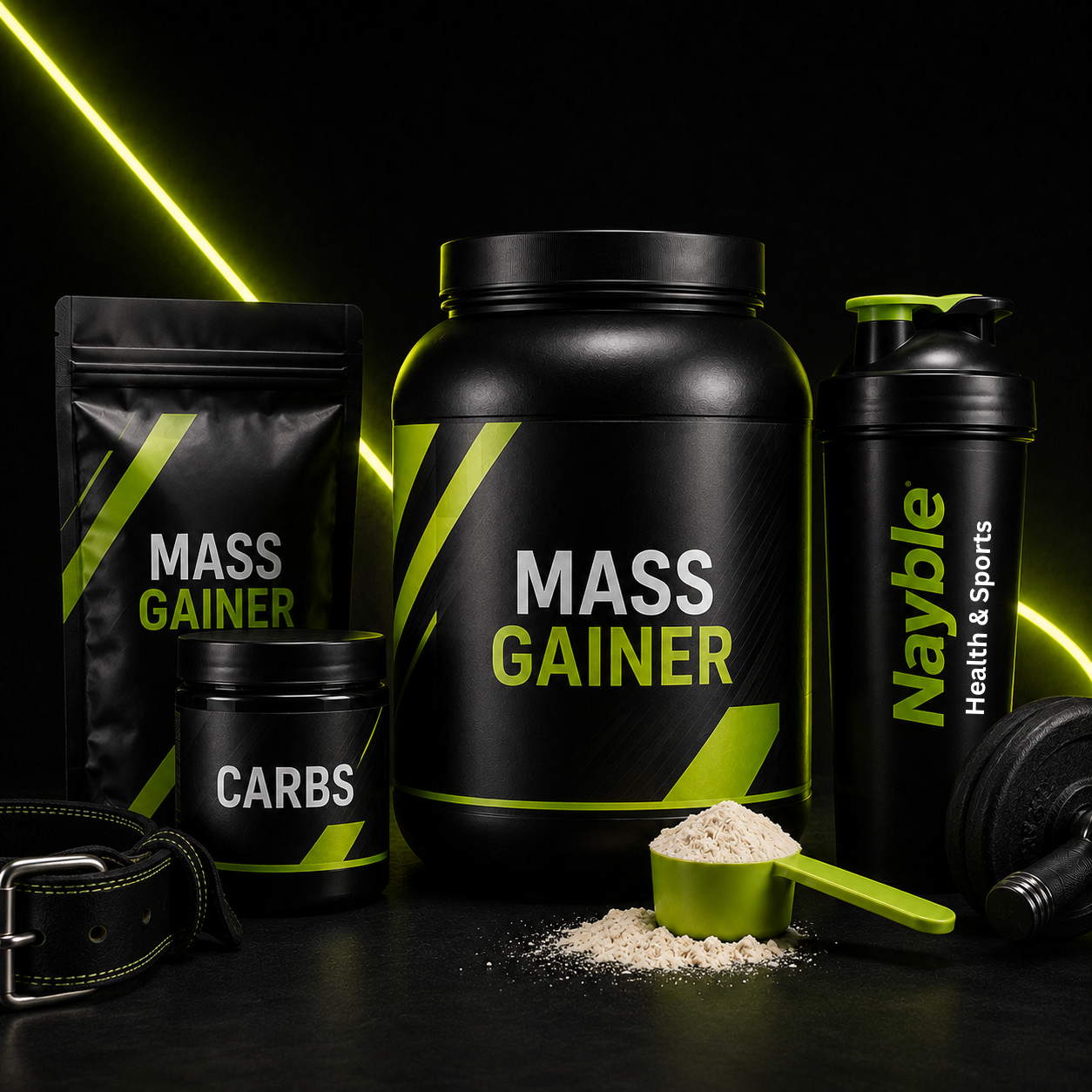 Mass gainer and carbohydrate supplements with Nayble shaker in black and lime green