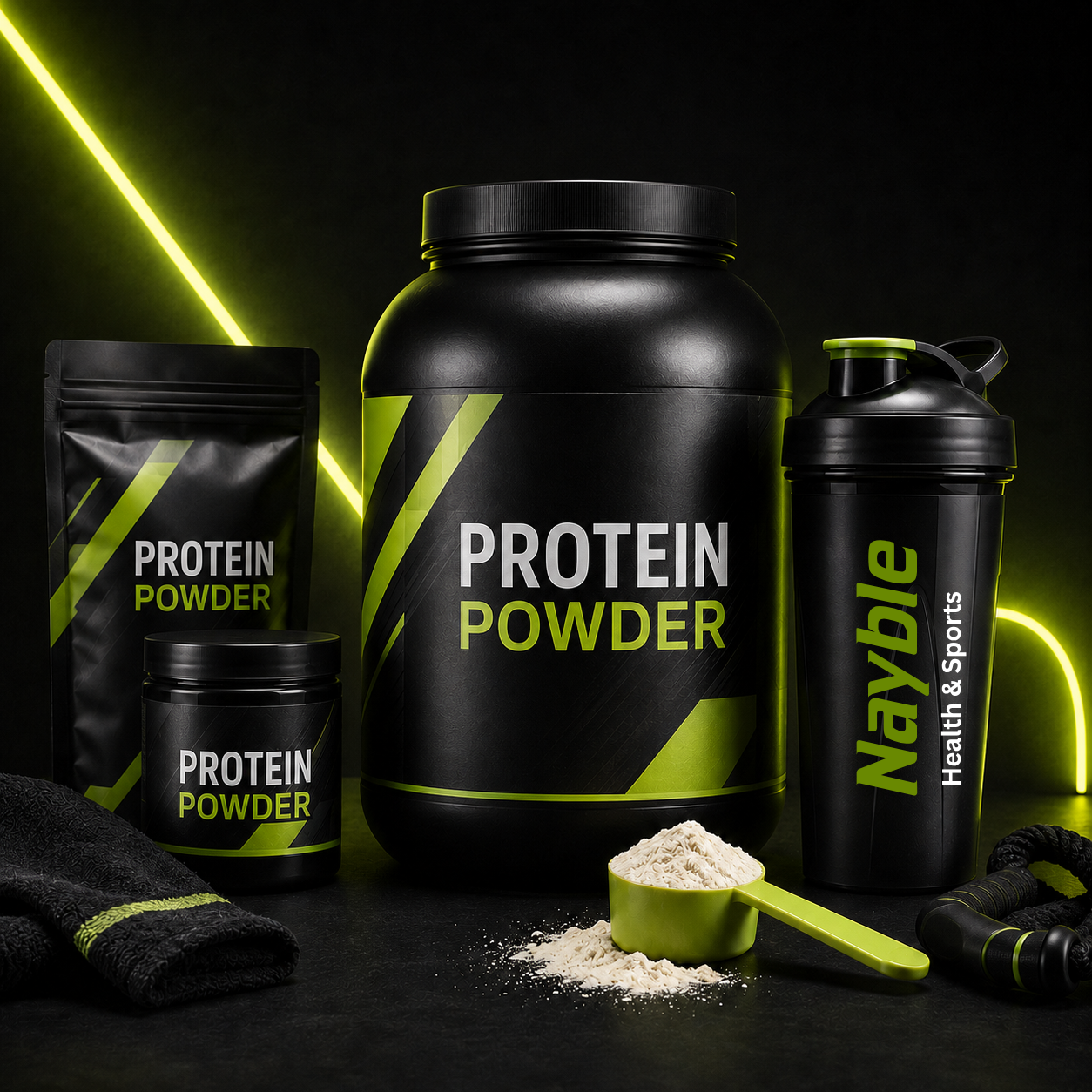 Protein powder tubs, scoop and Nayble shaker in black and lime green