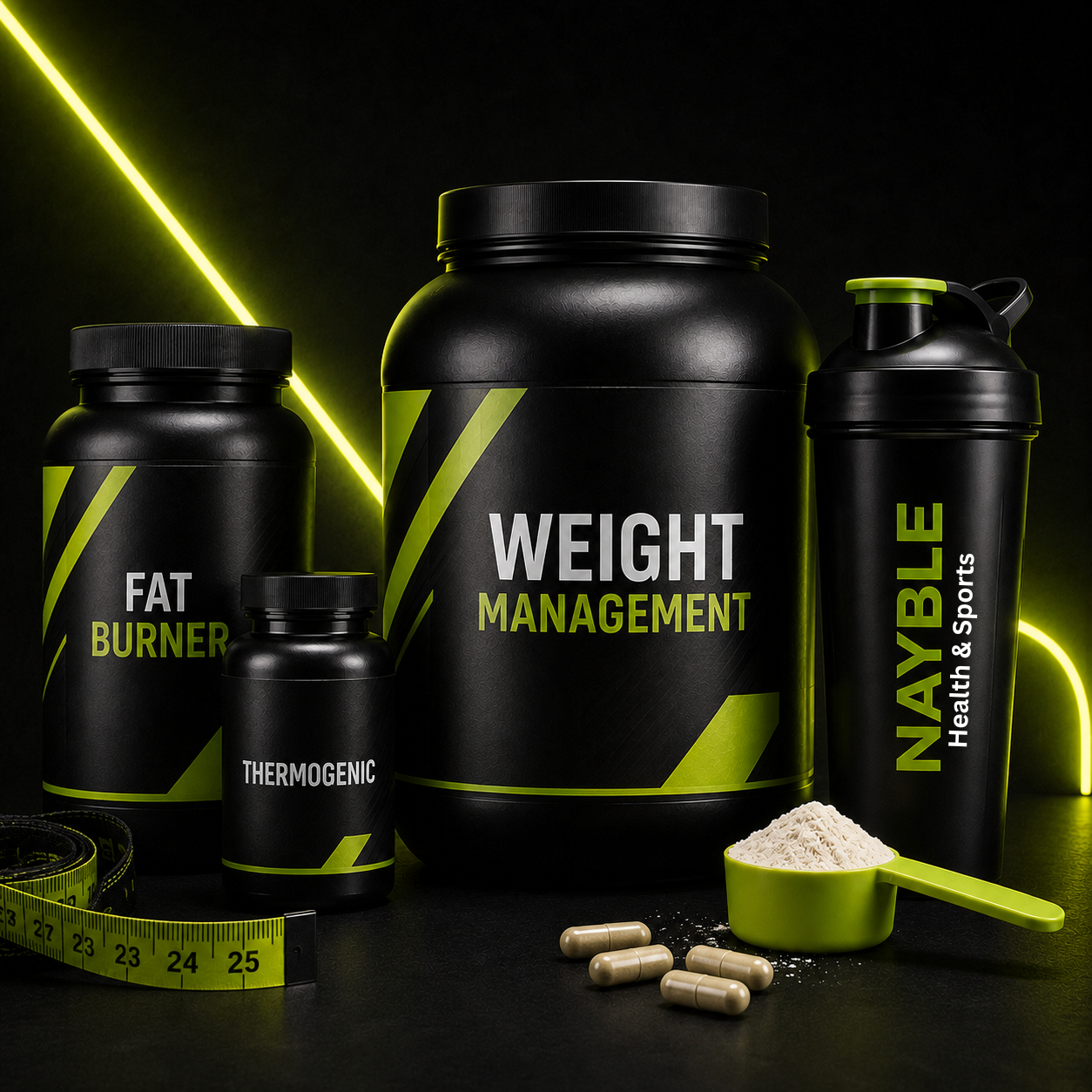Weight management and fat burner supplements with Nayble shaker in black and lime green