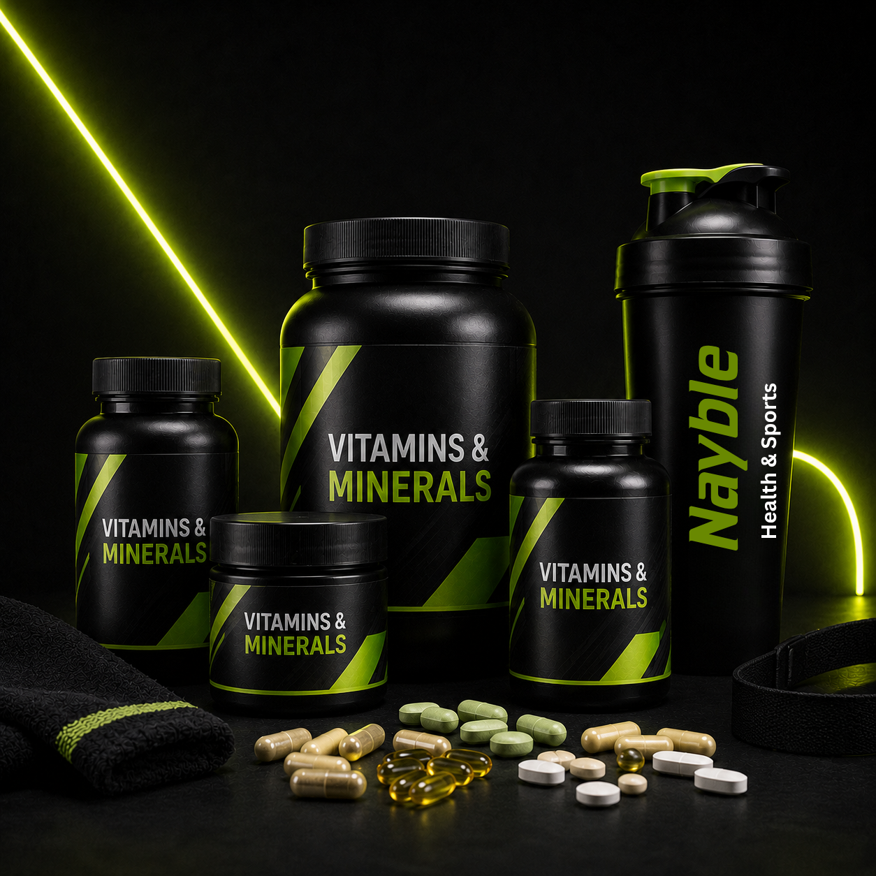 Vitamins and mineral supplement bottles with capsules in black and lime Nayble style