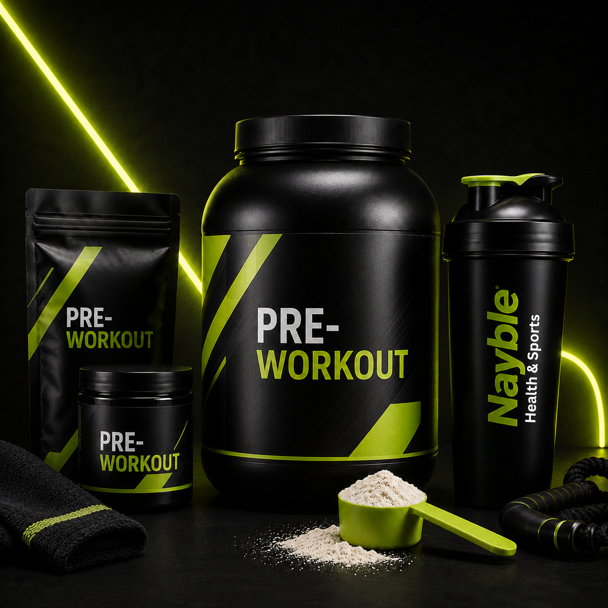 Pre-workout supplement tubs and Nayble shaker in black and lime green
