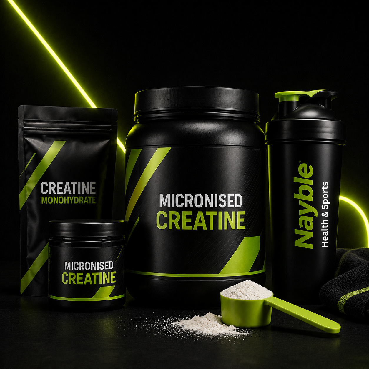 Creatine monohydrate supplement tubs with scoop in black and lime green