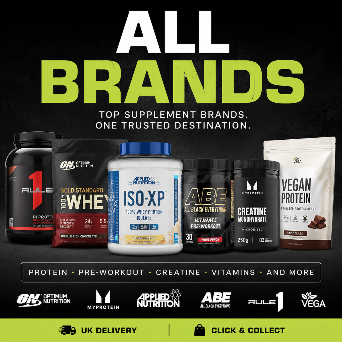 Nayble all supplement brands collection featuring protein, creatine, pre-workout, vitamins and sports nutrition products.