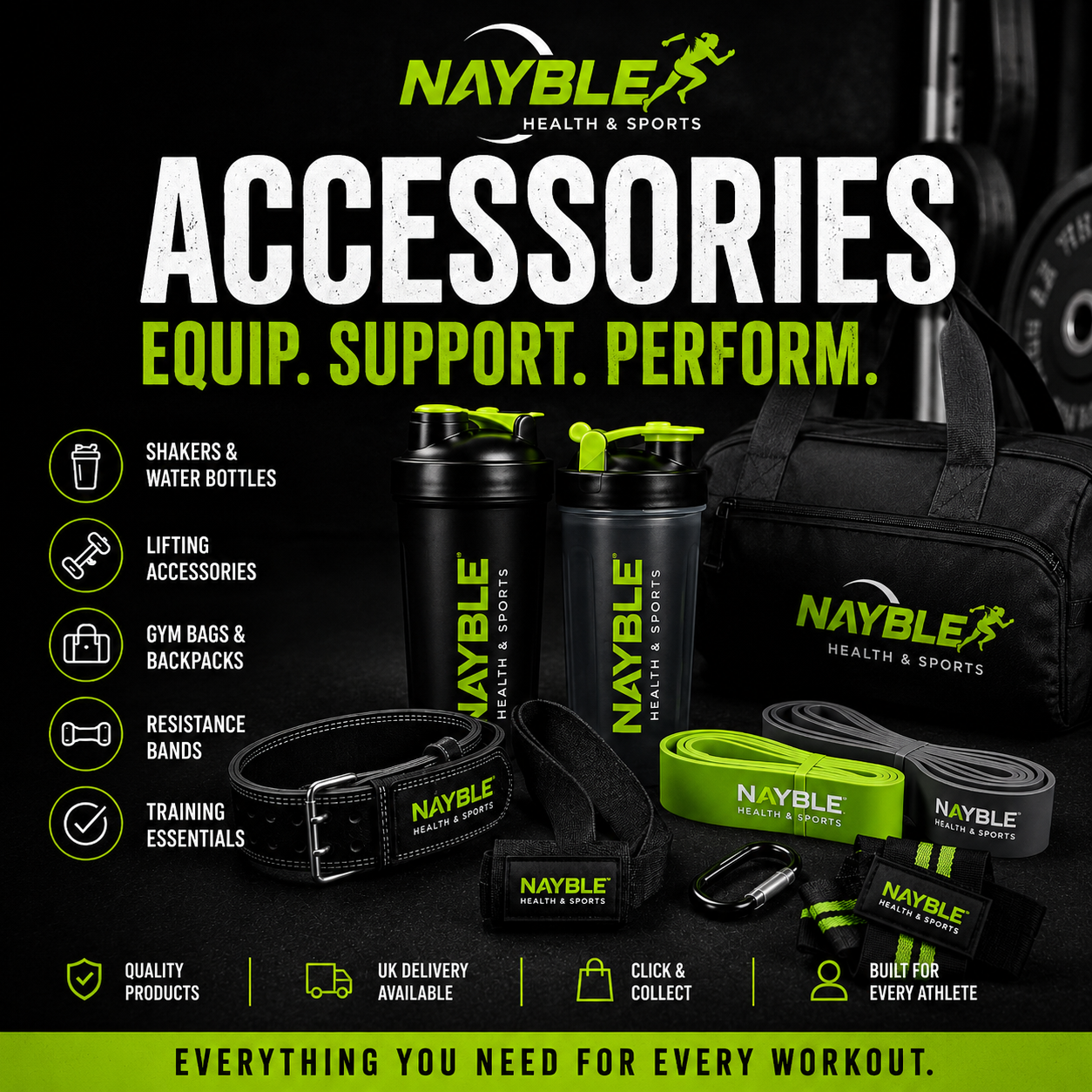 Gym and fitness accessories at Nayble featuring shakers, water bottles, lifting straps, resistance bands and training essentials.