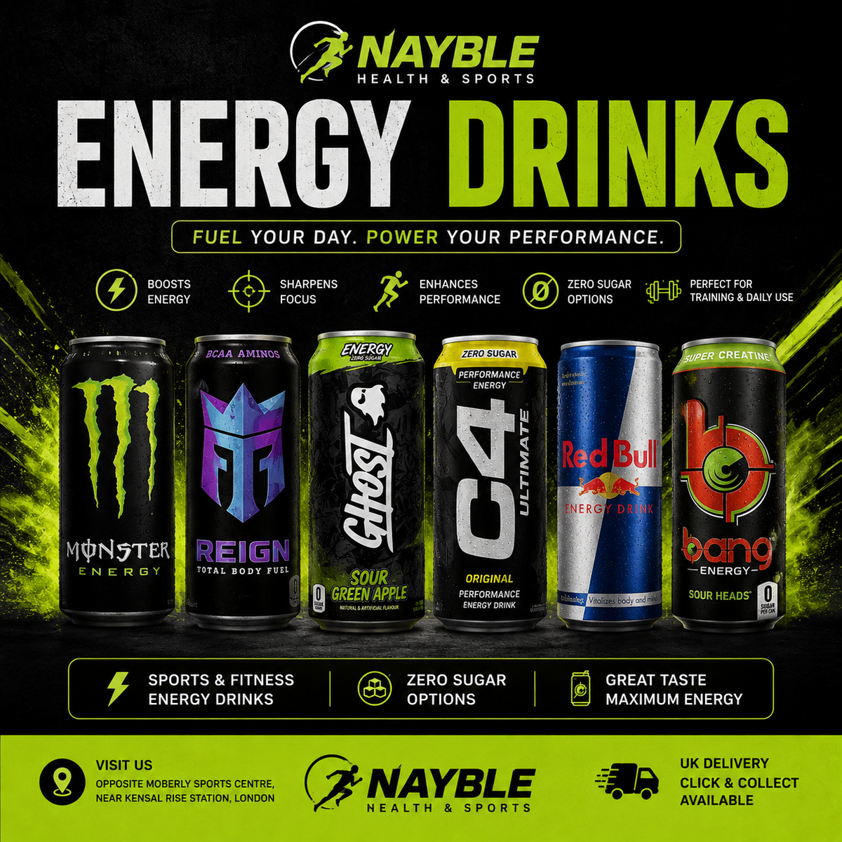 Nayble energy drinks collection featuring sports, fitness and zero-sugar energy drinks for energy, focus and performance.