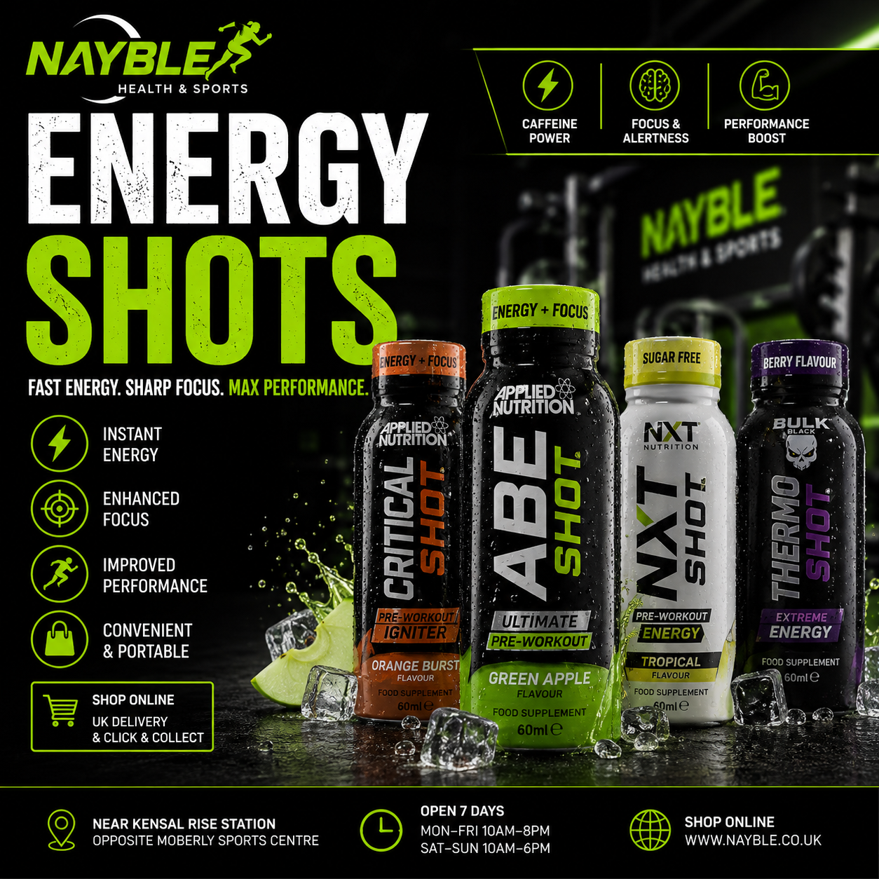 Energy shots at Nayble featuring caffeine and pre-workout shots for energy, focus and sports performance.