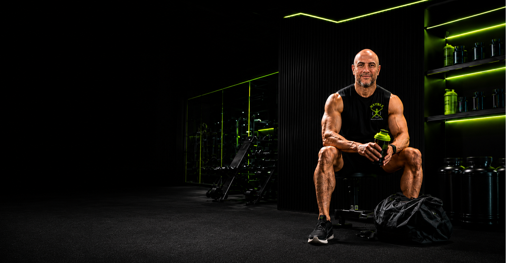A muscular man sits on a stool in a dark gym environment with neon green lighting accents, wearing a black sleeveless shirt and holding a green bottle next to a black duffel bag.