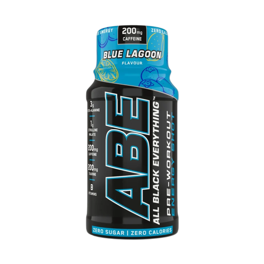 A bottle of ABE All Black Everything Pre-Workout in Blue Lagoon flavor, featuring a black and blue label with white and blue text, on a solid white background.